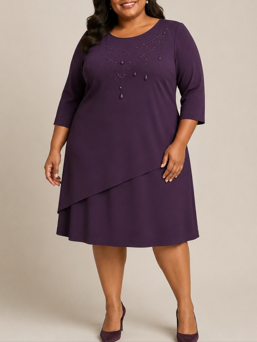 R&M Richards Purple Beaded Tiered Long Sleeve Dress Plus Size 24WP Formal Vintag